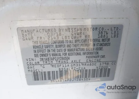 2018 Nissan Sentra Sr из США, поврежденный, VIN 3N1AB7AP2JY284504